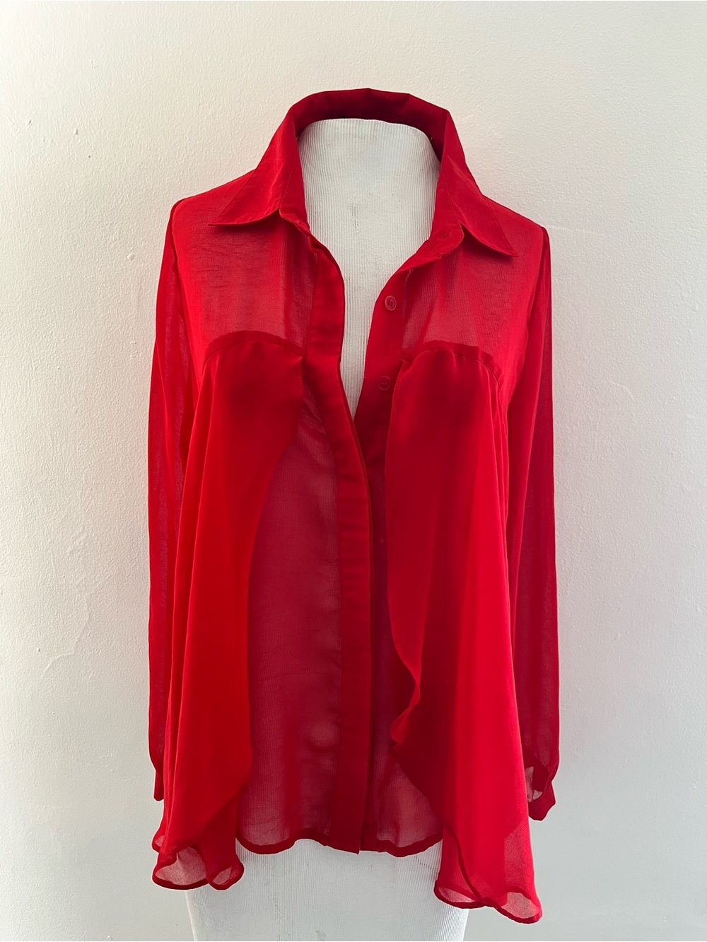 verty Red Sheer Button-Up Blouse
